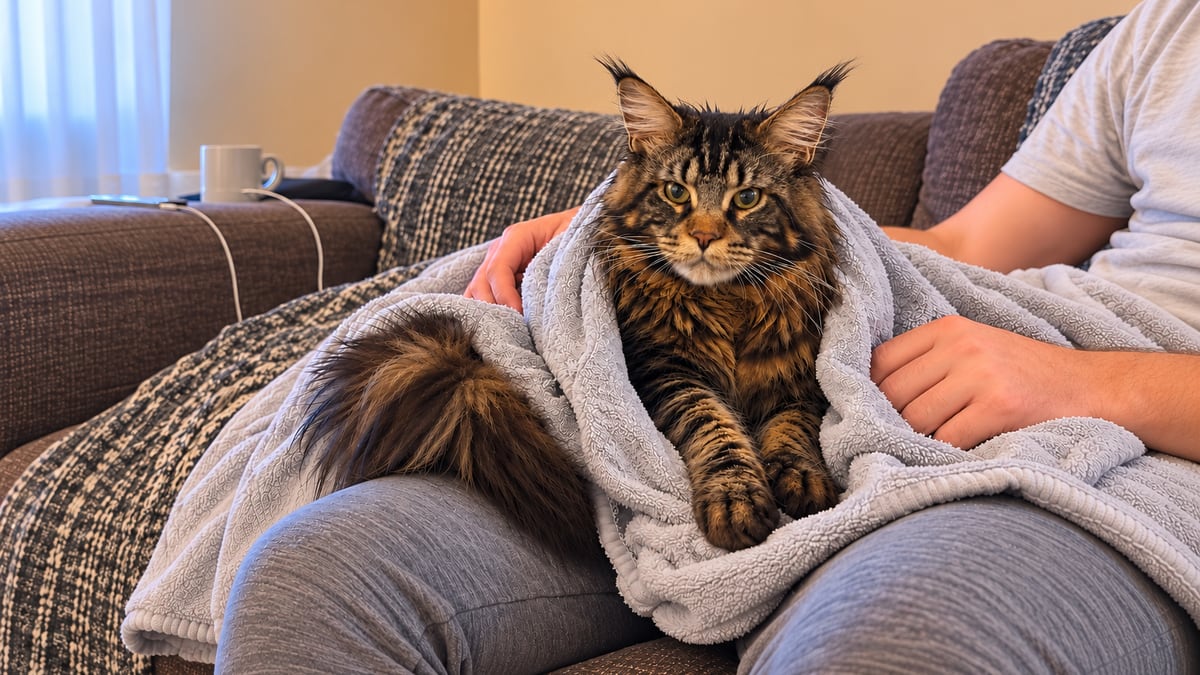 Un maine coon atigrado marrón, húmedo, está sentado en un regazo envuelto en una toalla suave después del baño.