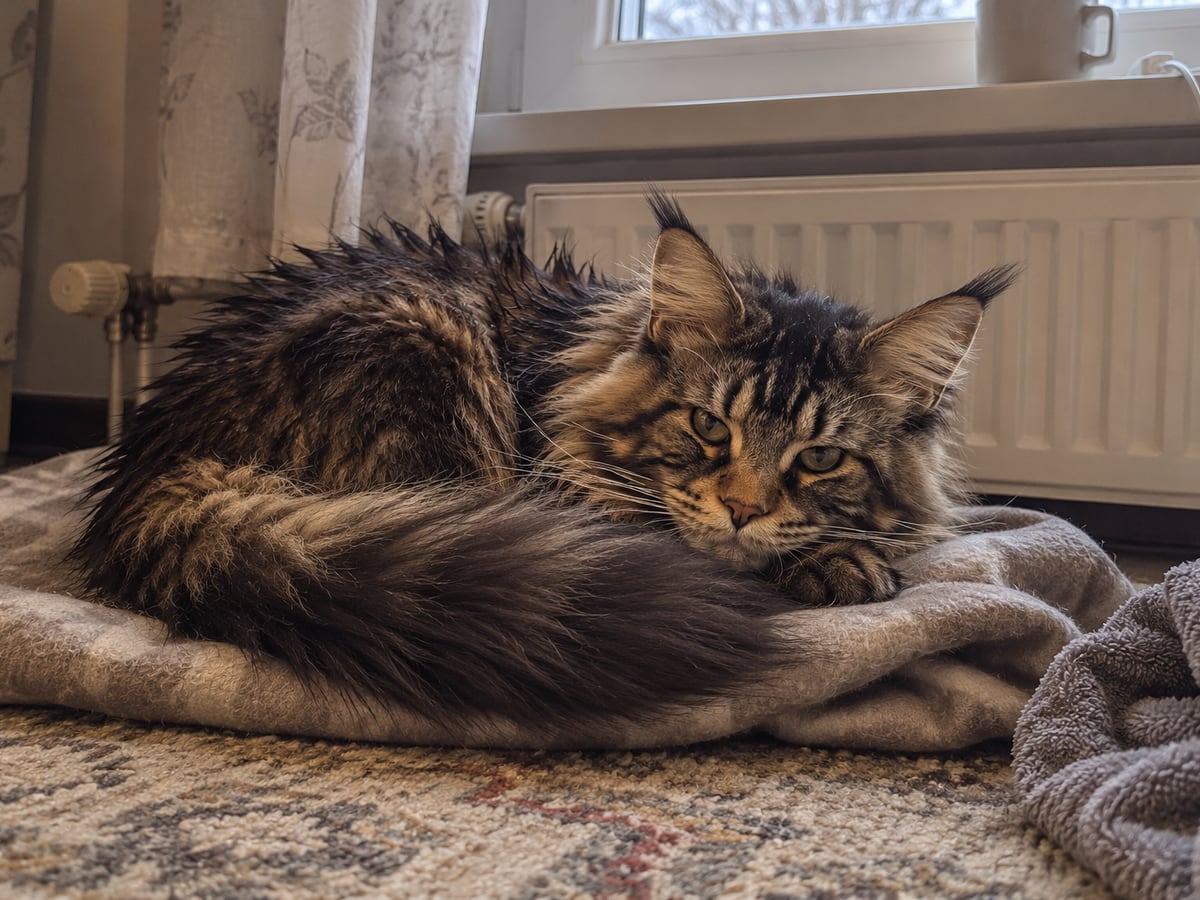 Un maine coon atigrado marrón, todavía algo húmedo, se acurruca sobre una manta seca en un rincón cálido junto al radiador.