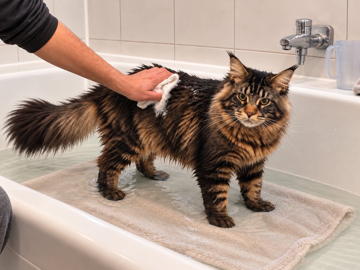 Un maine coon atigrado marrón está de pie sobre una toalla, en un poco de agua en la bañera, mientras una mano le lava el lomo con un paño mojado.