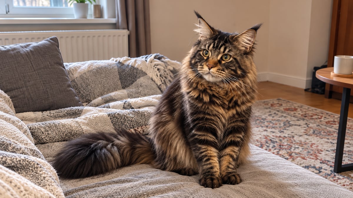 Un maine coon atigrado marrón sentado en el sofá, despierto y atento.