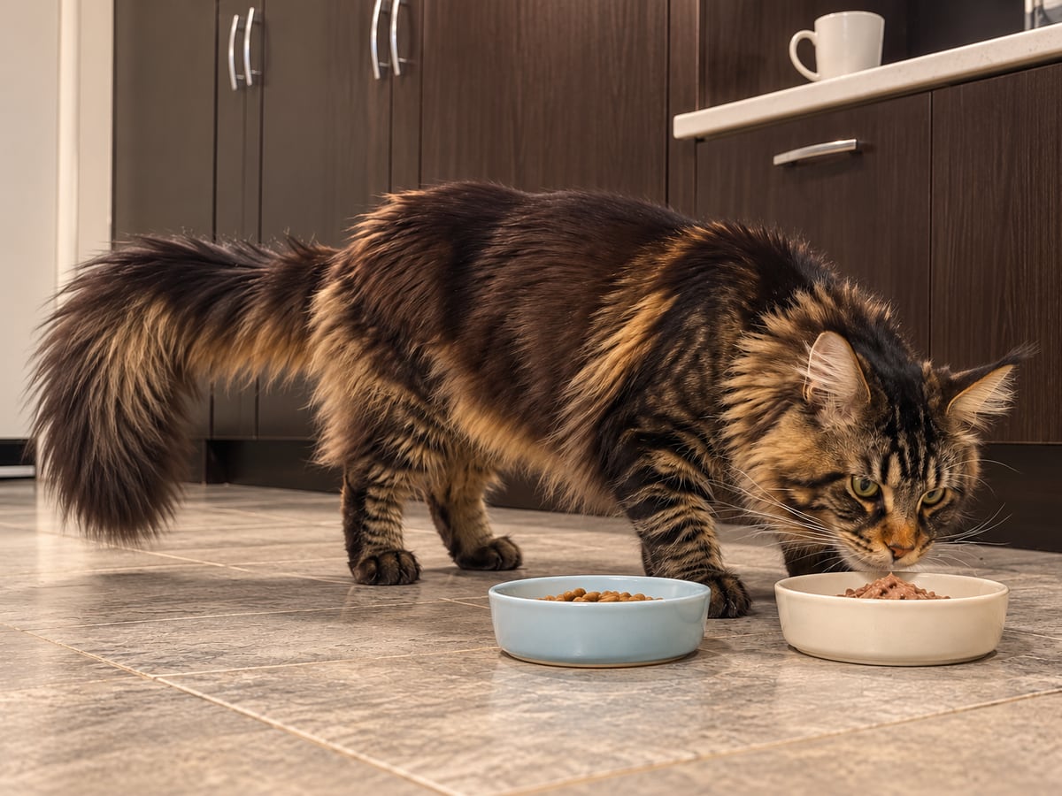 Un maine coon atigrado marrón olfatea uno de los dos cuencos de comida colocados uno al lado del otro en el suelo de la cocina.