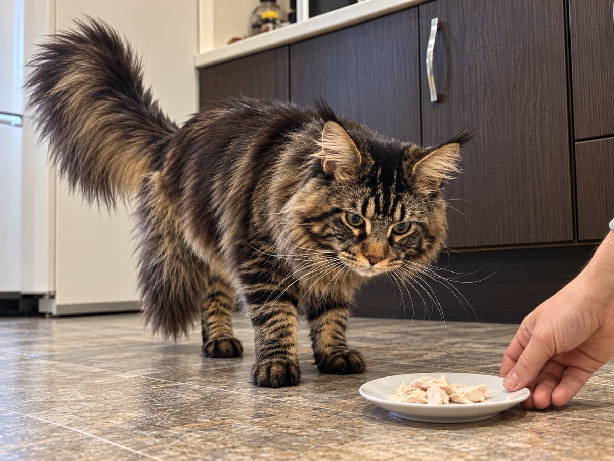 Una mano deja en el suelo de la cocina un platito de pollo hervido sin nada delante de un maine coon atigrado marrón.