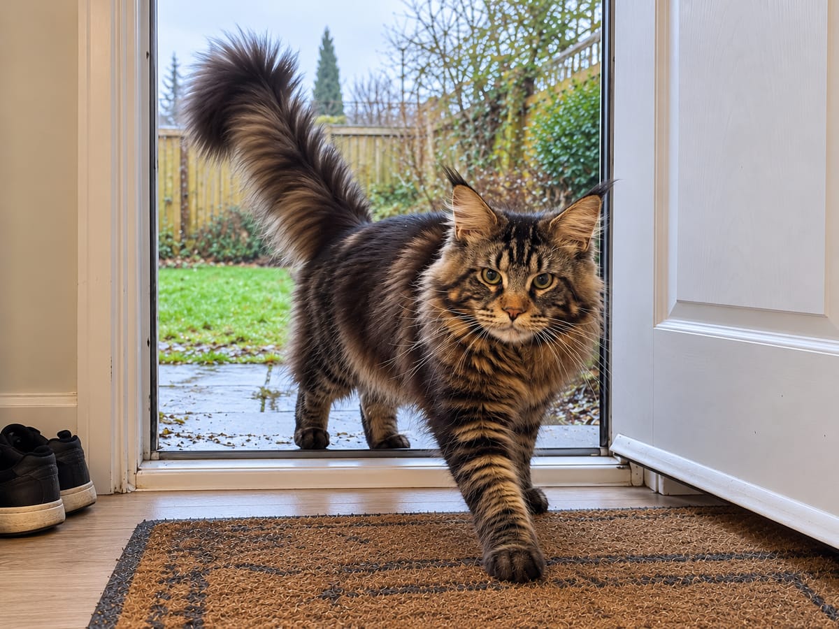 Un maine coon atigrado marrón entra desde el jardín por la puerta trasera abierta.