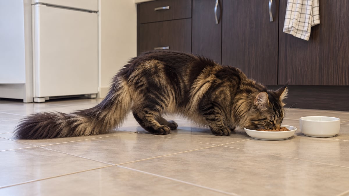 Un maine coon atigrado marrón come de un cuenco poco profundo en el suelo de la cocina.
