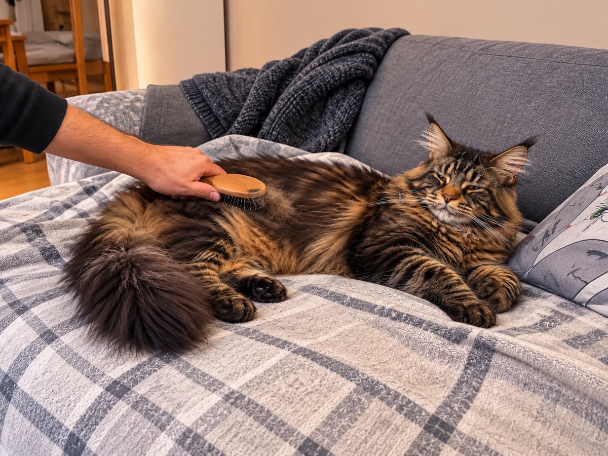 Una mano cepilla el pelo largo del costado de un maine coon atigrado marrón tumbado en el sofá.