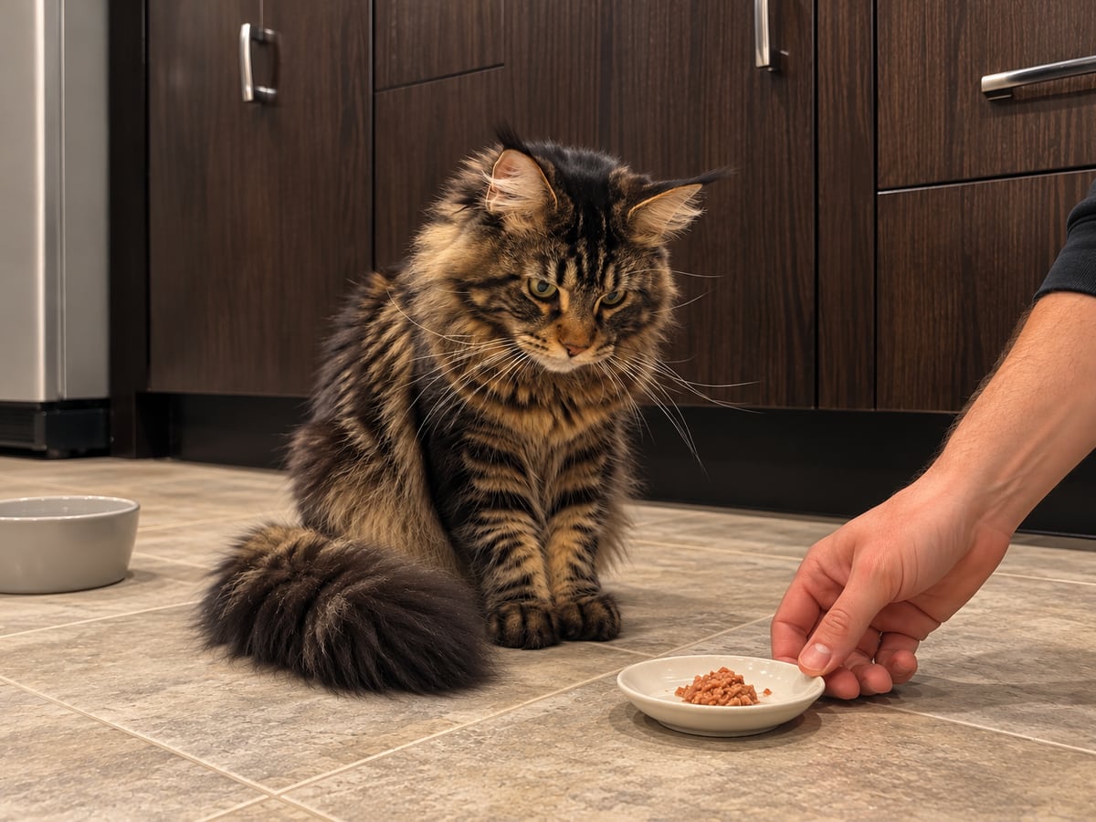 Una mano deja en el suelo de la cocina un cuenco poco profundo con una ración pequeña de comida mientras un maine coon atigrado marrón espera a su lado.