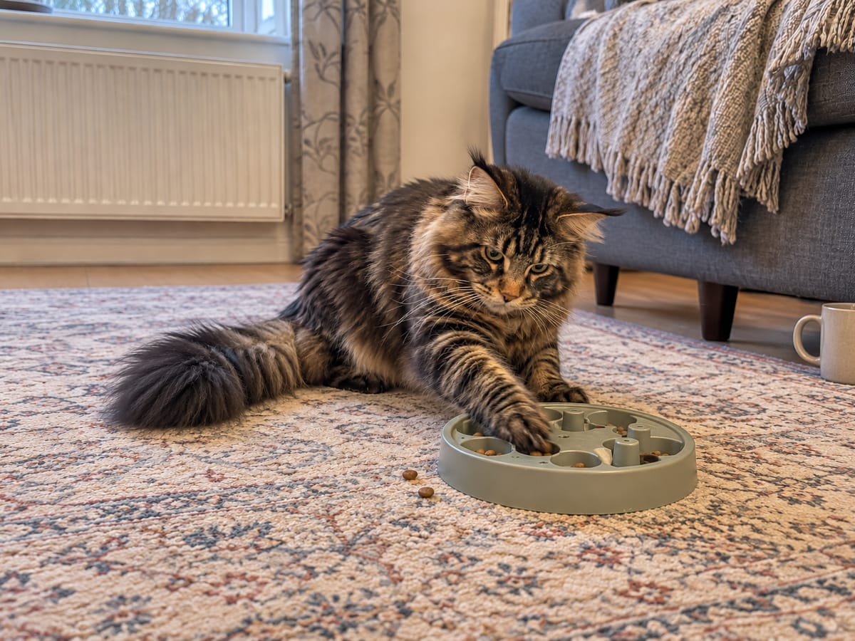Un maine coon atigrado marrón saca croquetas con la pata de un comedero interactivo sobre la alfombra de la sala de estar.