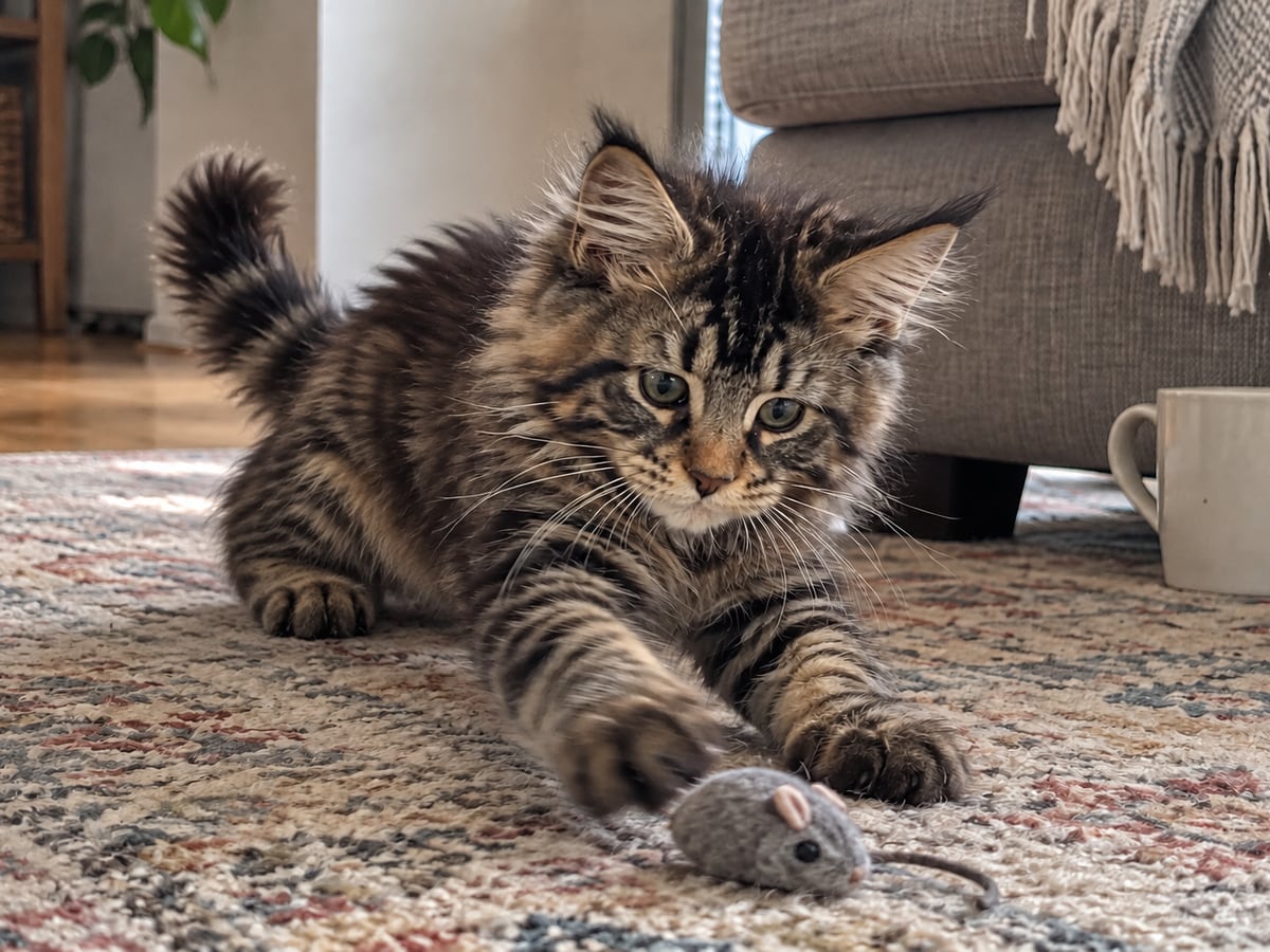A brown tabby Maine Coon kitten, about three months old, pounces on a toy mouse on the living-room rug.