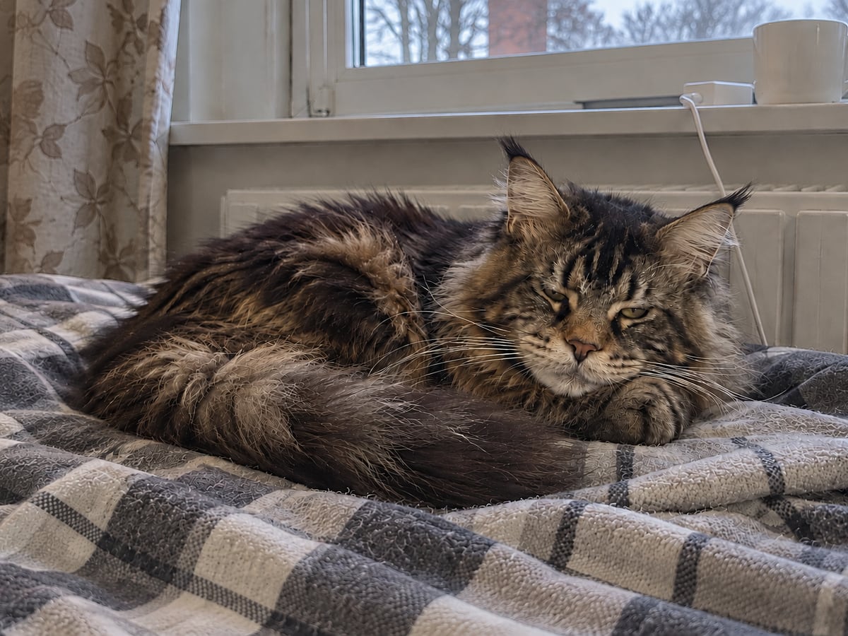 An older brown tabby Maine Coon with a greying muzzle dozes on a blanket by the radiator.