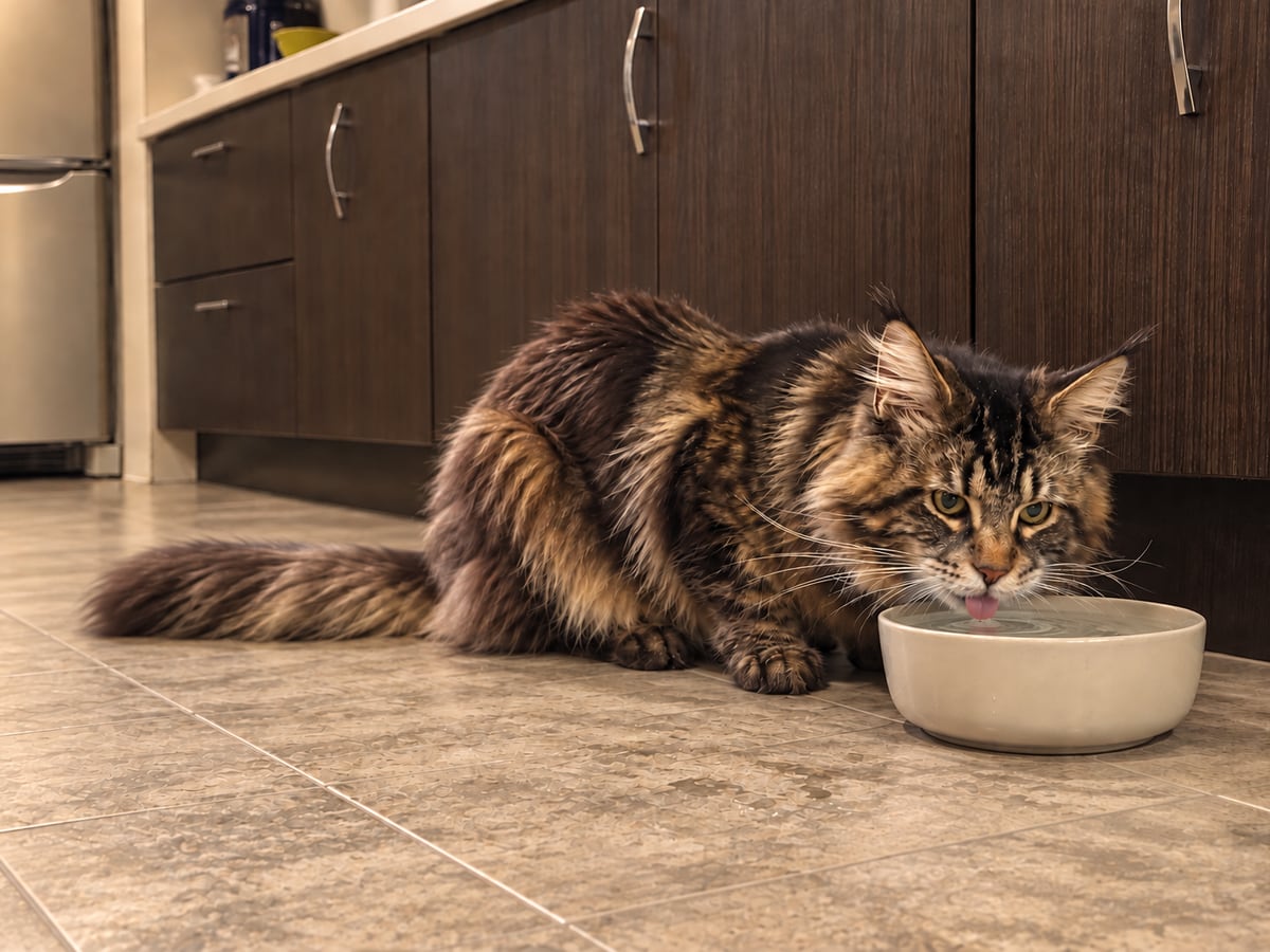 An older brown tabby Maine Coon drinks from a wide water bowl on the kitchen floor.