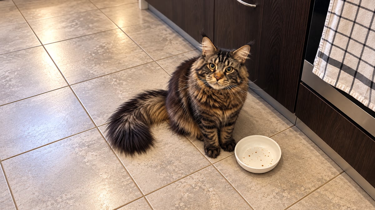 Un maine coon adulto, atigrado marrón, sentado junto a un comedero vacío en el suelo de la cocina, mira hacia arriba, a la cámara.