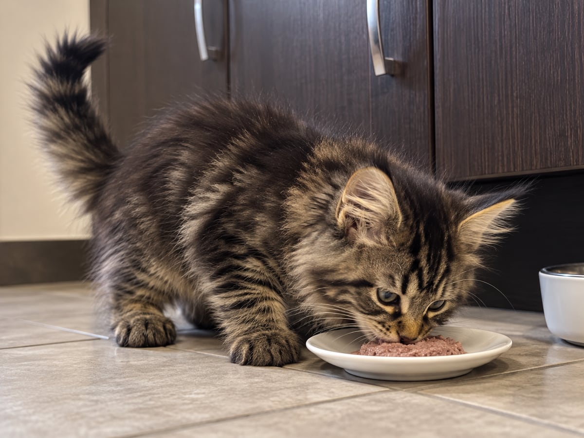 Un gatito maine coon atigrado marrón, de unos dos meses, come comida húmeda de un platito en el suelo de la cocina.