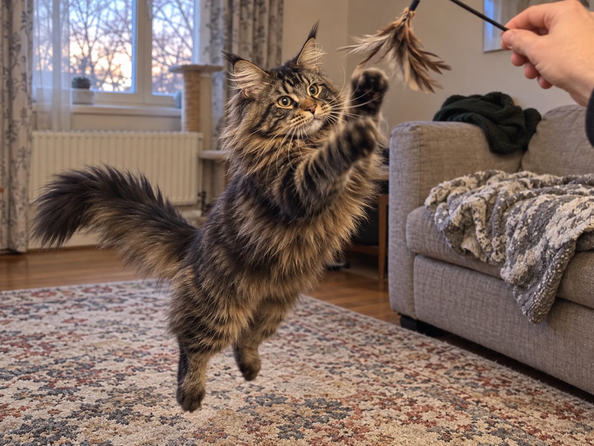 Un maine coon atigrado marrón salta en la sala de estar tras una caña de juguete con plumas que sostiene una mano.