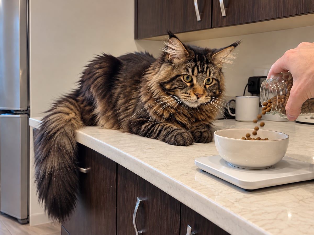 Una mano echa comida seca en un cuenco sobre una báscula de cocina mientras un maine coon atigrado marrón mira desde la encimera.
