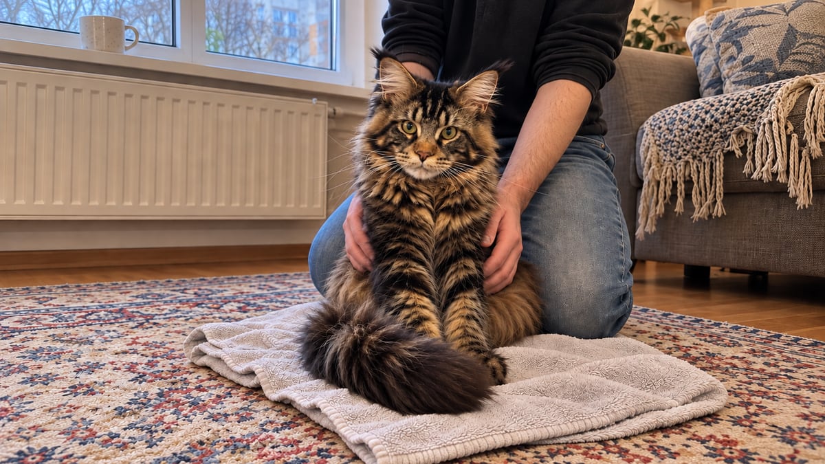 Un maine coon atigrado marrón está sentado sobre una toalla en el suelo, y una persona arrodillada detrás le apoya las dos manos con suavidad en los costados.