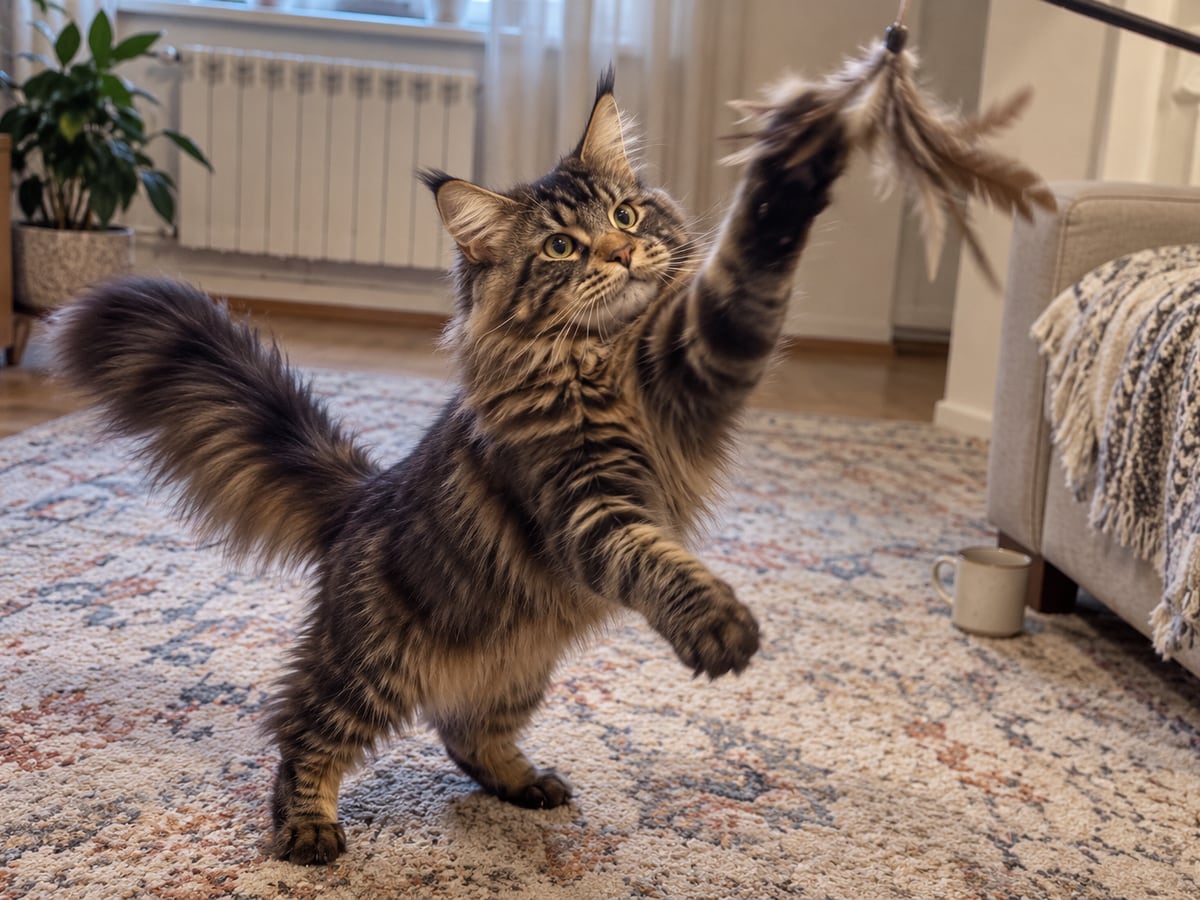 Un maine coon atigrado marrón se estira para golpear con la pata una caña con plumas en la sala de estar.