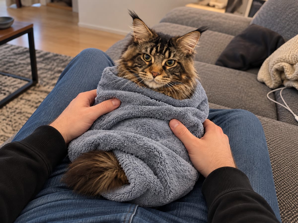 Un maine coon atigrado marrón está sentado tranquilo en un regazo, envuelto en una toalla suave hasta el cuello, con solo la cabeza fuera.