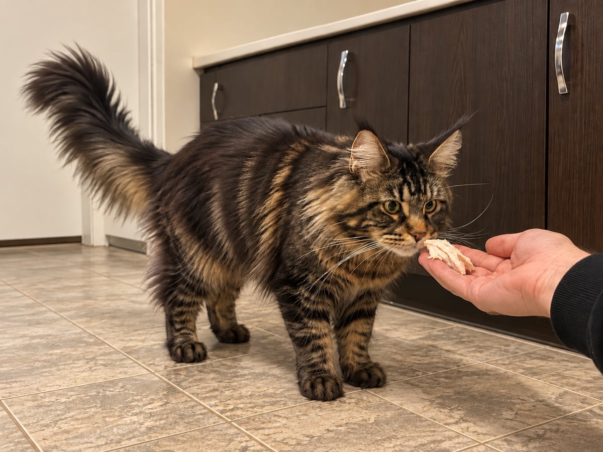 Un maine coon atigrado marrón olfatea un trocito de pollo sobre una mano abierta en la cocina.