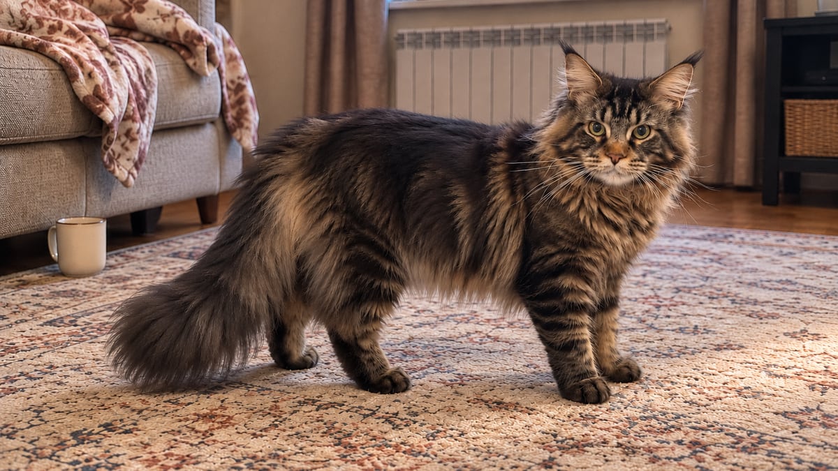 Un maine coon atigrado marrón de pelo largo y esponjoso, de perfil, de pie sobre la alfombra de la sala de estar.