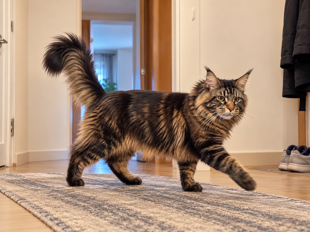 Un maine coon atigrado marrón cruza el pasillo y la piel suelta de la barriga se balancea al andar.