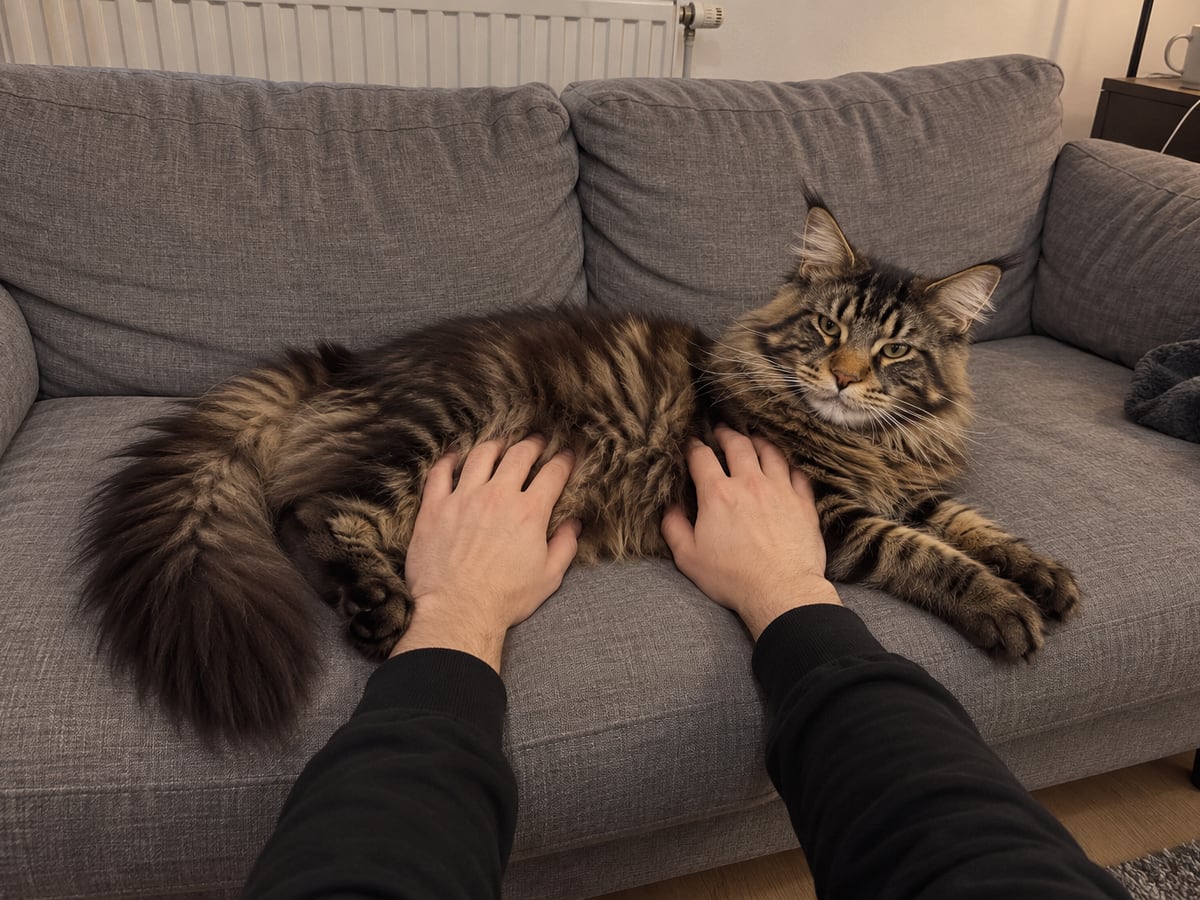 Dos manos apoyadas en el costado de un maine coon atigrado marrón tumbado en el sofá buscan las costillas a través del pelo largo.