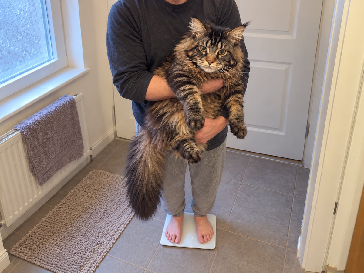 Una persona de pie en la báscula del baño sostiene en brazos a un maine coon atigrado marrón.