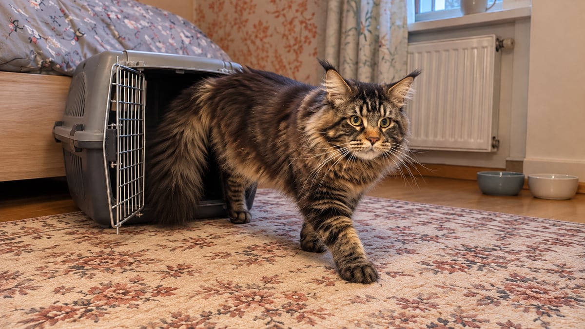 Коричневий мармуровий мейн-кун виходить із відчиненої переноски в тихій кімнаті й роззирається.