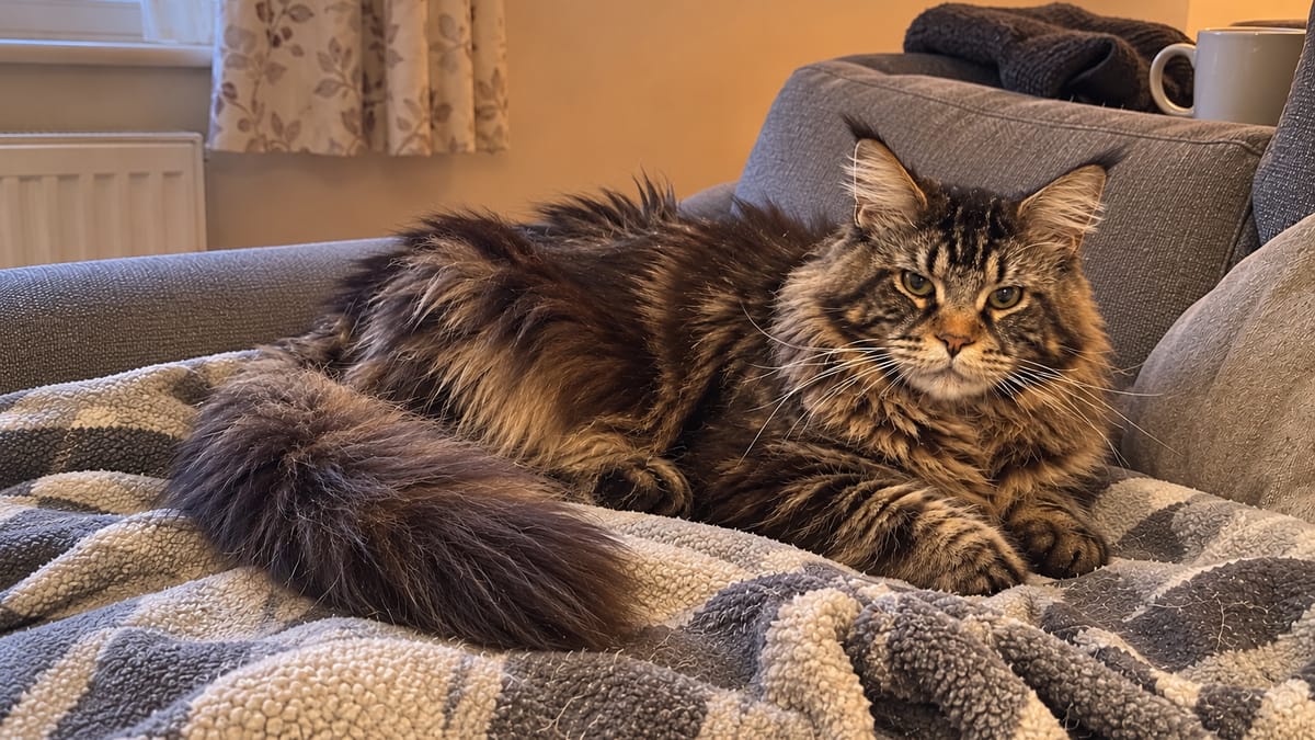 An older brown tabby Maine Coon with a greying muzzle rests on the sofa, the fur along the back a little scruffy.