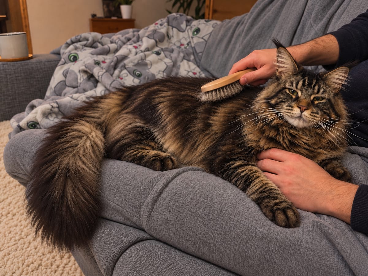An older brown tabby Maine Coon lies on a lap on the sofa while a hand brushes their back with a soft brush.