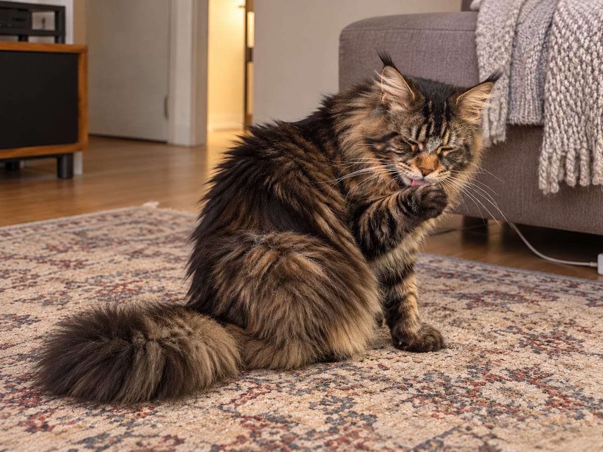 An older brown tabby Maine Coon sits on a rug and licks a front paw, while the fur over the lower back looks a little clumped.