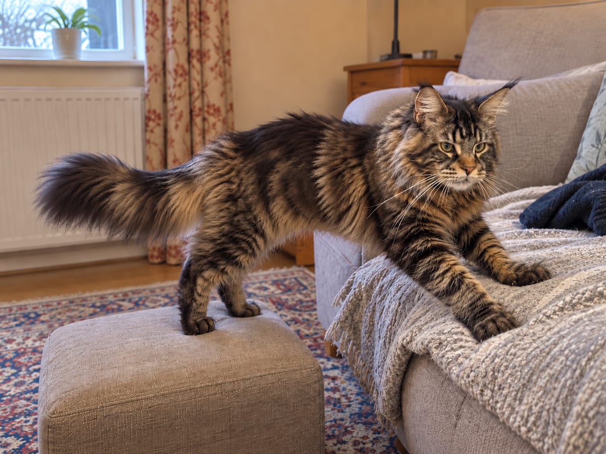 An older brown tabby Maine Coon steps from a sturdy footstool up onto the sofa.