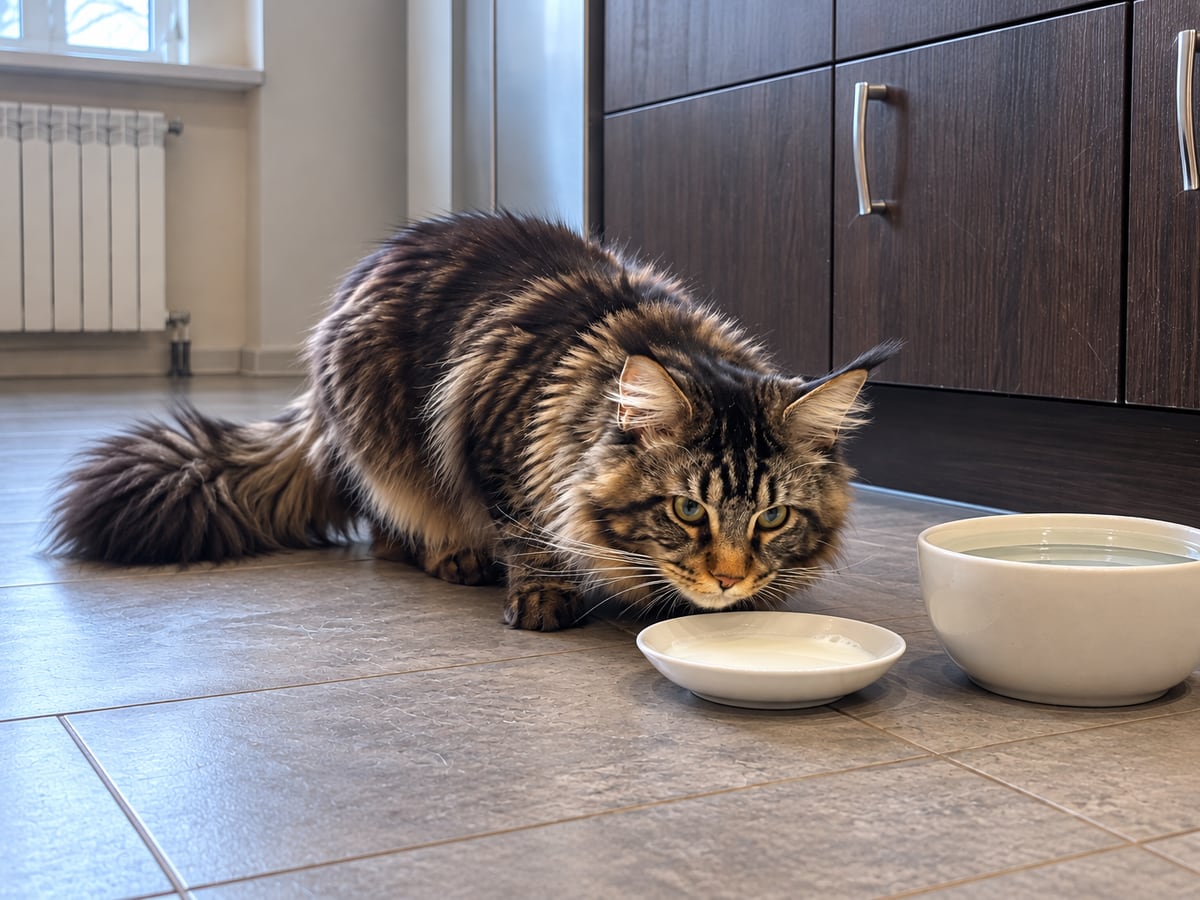 Un maine coon atigrado marrón olfatea un platito de leche en el suelo de la cocina, junto a un bebedero con agua fresca.