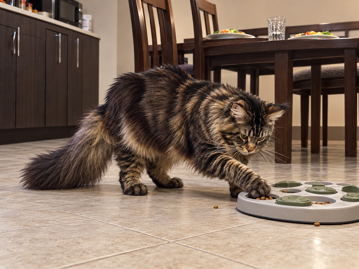 Un maine coon atigrado marrón come de un comedero interactivo en el suelo de la cocina, junto a la mesa del comedor.