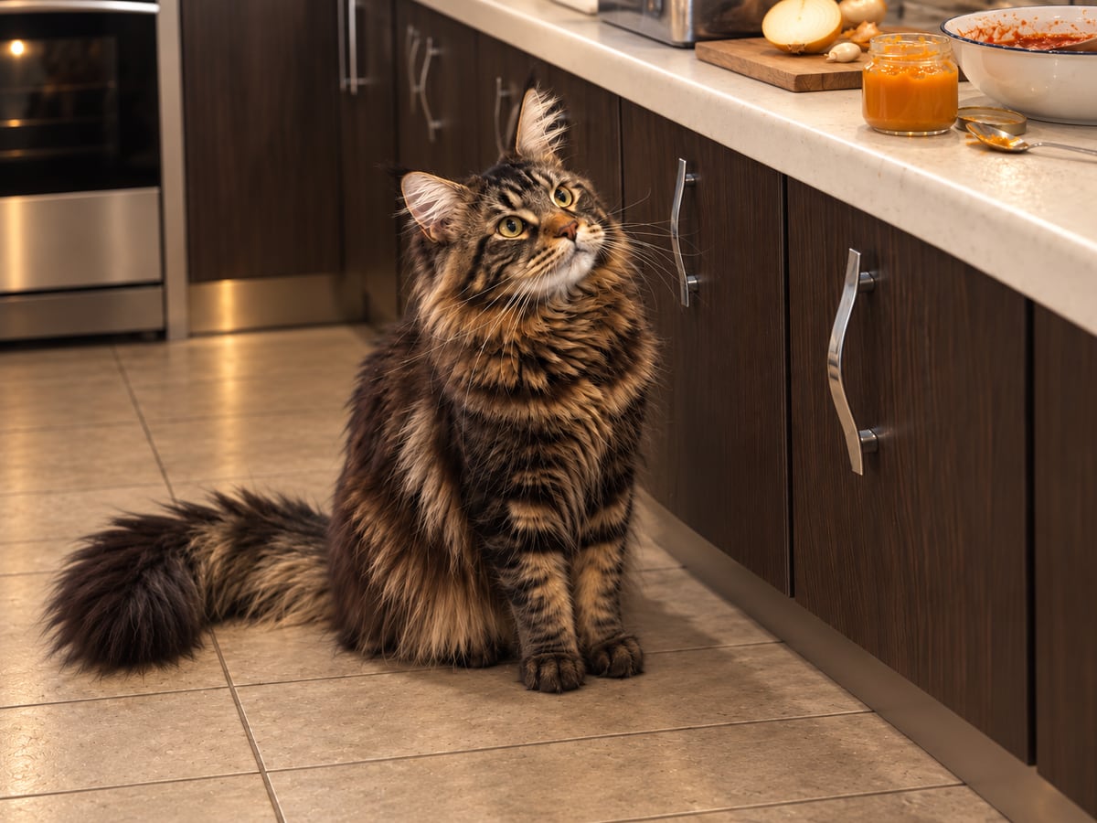 Un maine coon atigrado marrón, sentado en el suelo de la cocina, mira hacia arriba un tarro de comida para bebé y un cuenco de salsa sobre la encimera.