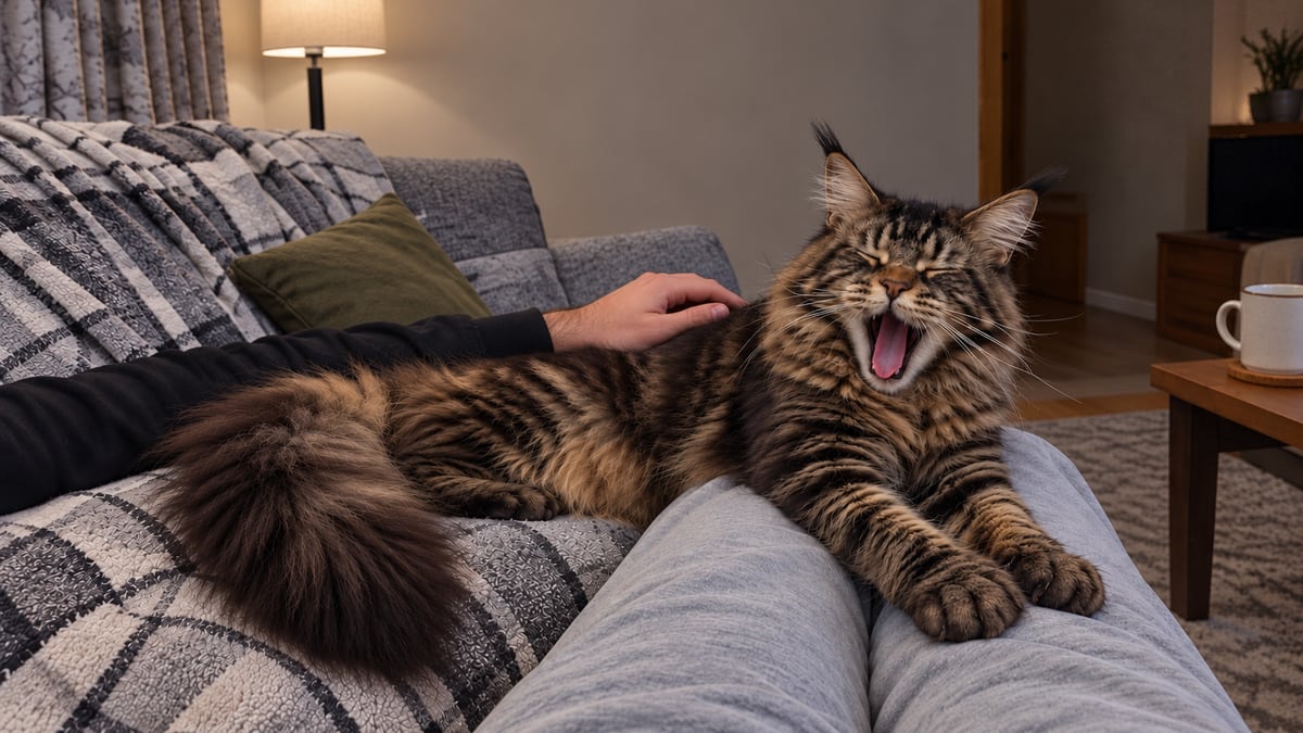 Un maine coon atigrado marrón bosteza con la boca bien abierta, tumbado en un regazo en el sofá.