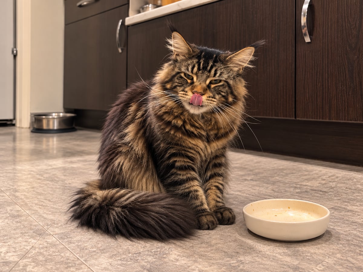 Un maine coon atigrado marrón se relame junto a su cuenco de comida en el suelo de la cocina.