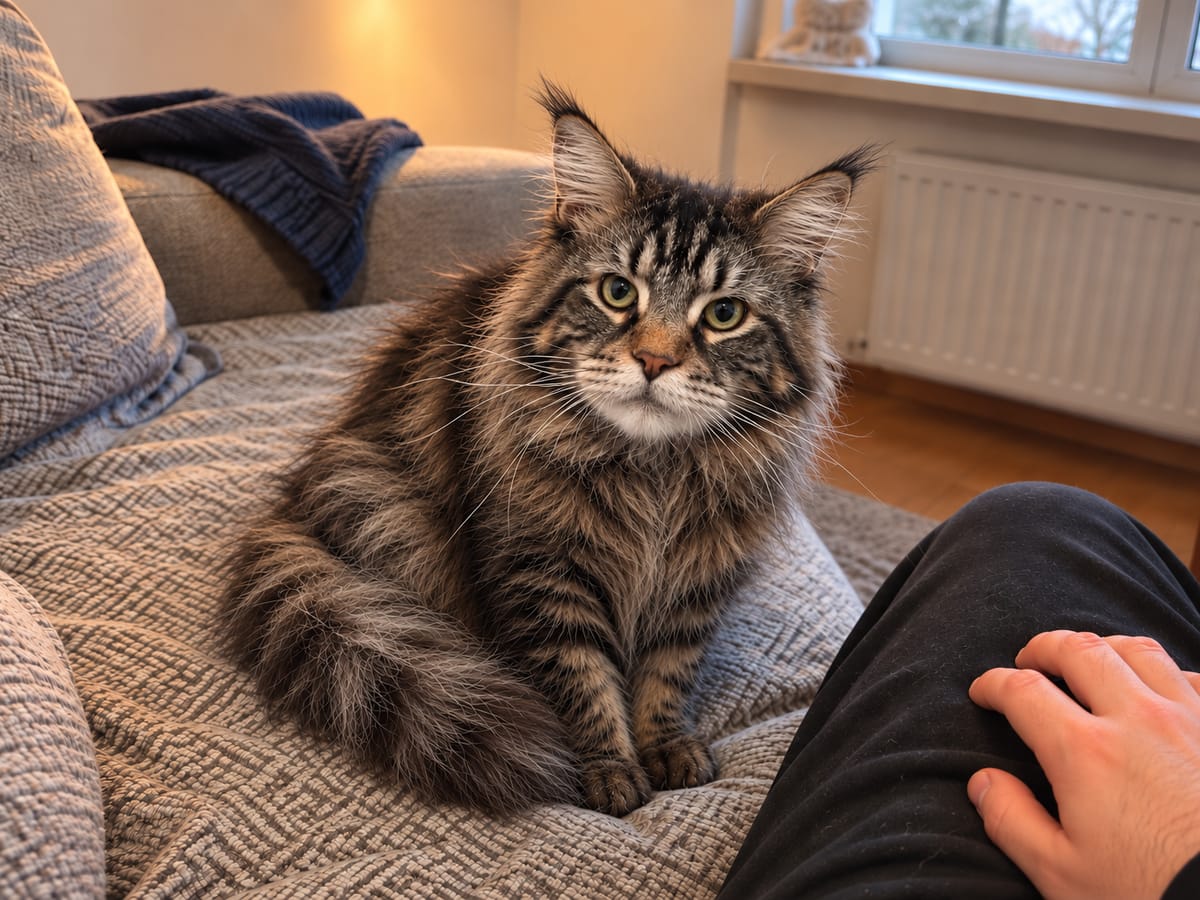 Un maine coon atigrado marrón ya mayor, con el hocico canoso, está sentado en el sofá junto a la rodilla de una persona y mira hacia arriba.