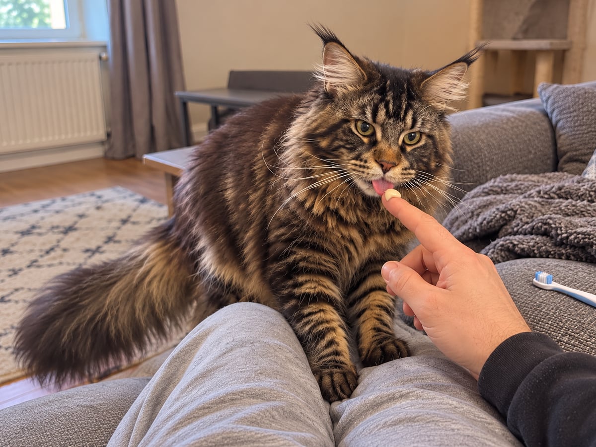Un maine coon atigrado marrón, sentado en un regazo, lame un poco de pasta de dientes para gatos de la punta de un dedo.