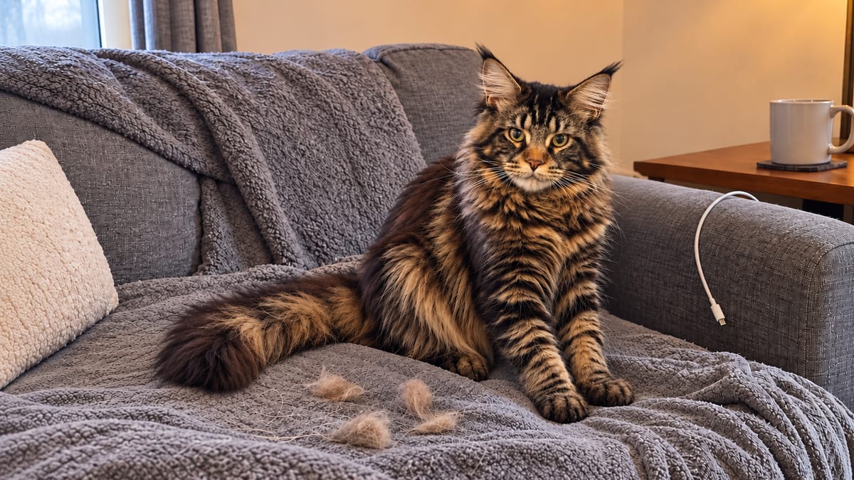 A brown tabby Maine Coon sits on the sofa beside soft tufts of their own shed fur on the grey throw.