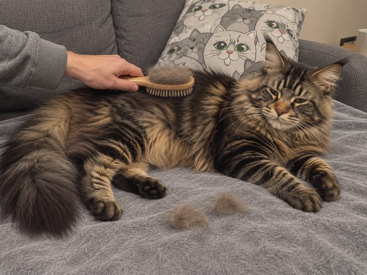 A hand brushes a brown tabby Maine Coon along the back on the sofa, and loose fur gathers in the brush.