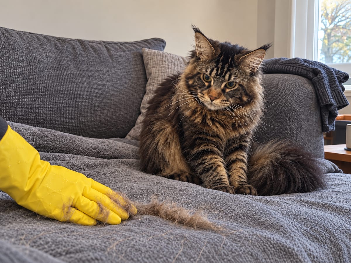 A hand in a damp rubber glove wipes cat hair off a sofa throw while a brown tabby Maine Coon watches from the cushion.