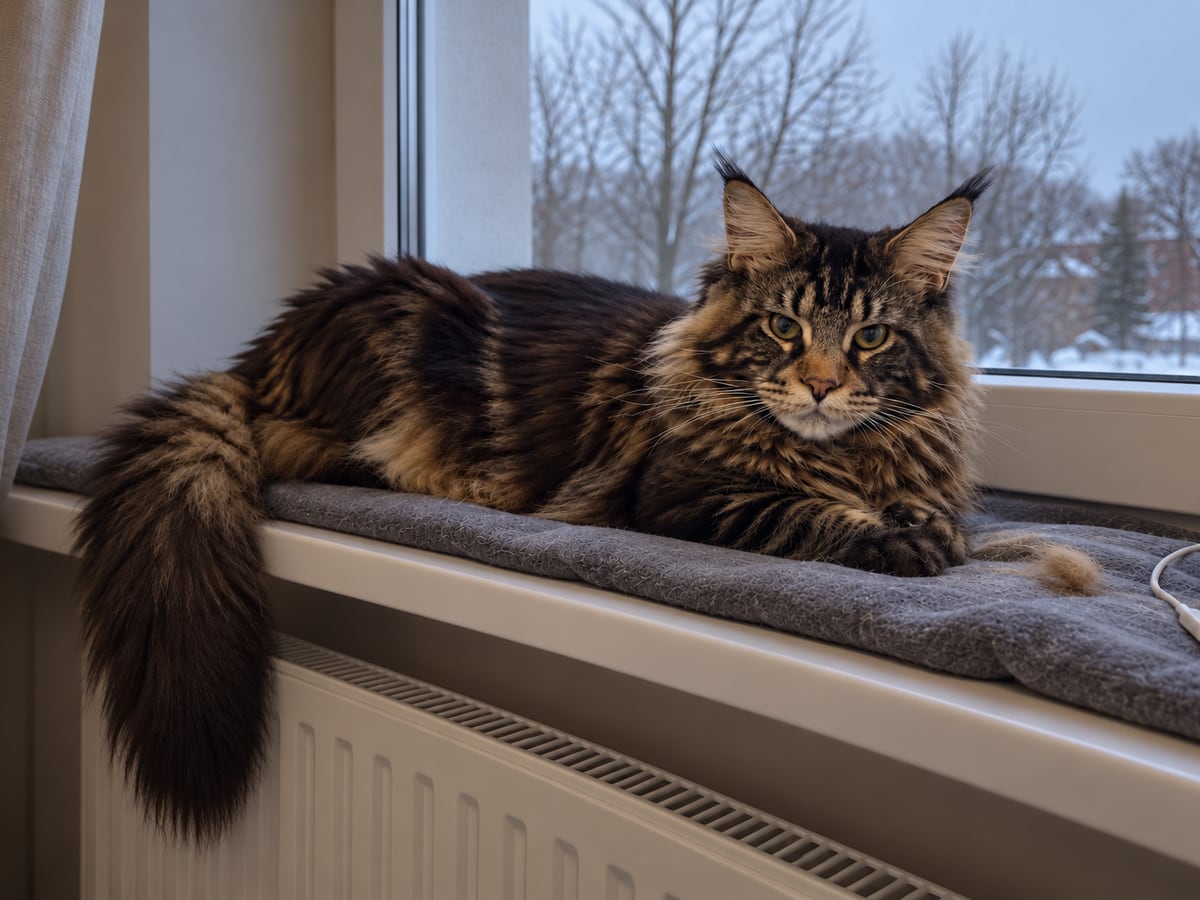 A brown tabby Maine Coon lies on a blanket on the windowsill above the radiator on a winter afternoon, with a few loose hairs on the blanket.